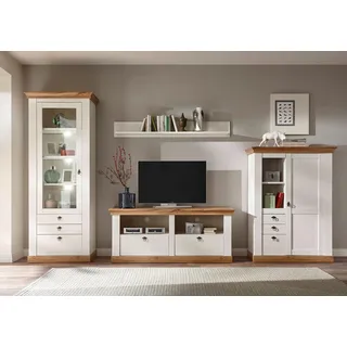 Wohnwand HOME AFFAIRE "Cremona, Anbauwand im Landhausstil, Komplettset, Wohnzimmer-Set", weiß (pinie weiß nb, pinie weiß nb, applikation wotan eiche nb), B:356cm, Kastenmöbel-Sets, Wohnwand, enthält Vitrine, Lowboard, Stauraumelement und Wandboard, 356 cm breit