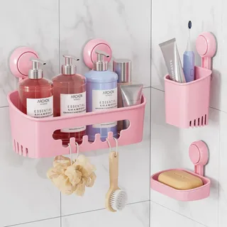 LEVERLOC Duschablage Saugnapf & Seifenschale & Zahnbürstenhalter 3er-Pack Duschregal ohne Bohren Abnehmbarer Badezimmer Organizer-Set Duschkorb Saugnapf für Bad Küche, Rosa