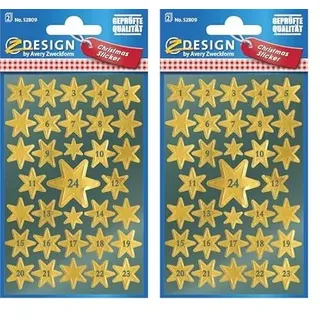 AVERY Zweckform 66 Aufkleber Weihnachten Sterne gold (Made in Germany, Weihnachtskalender, Glanzpapier, selbstklebende Weihnachtsdeko, Zahlen 1-24, Adventskalenderzahlen, Sticker Weihnachten) 52809