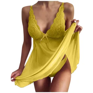 IQYU Nachthemd Damen Sexy Spitze: Nachtkleid Damen Sexy Spitzen-Pyjama Kurz Sexy Pyjama Schlafanzug Ärmellos Babydoll Dessous Kleid Negligee Cami Top + Tanga-Slip Lingerie Reizwäsche Sleepwear