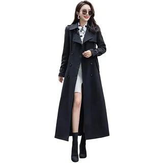 ebossy Zweireihiger Damen-Trenchcoat, Langer Maxi-Mantel, Schwarz, 38