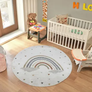 Livabliss Regenbogen Kinderteppich waschbar 160x160 cm – Cartoon Teppich für Kinder- & Babyzimmer, Krabbel- & Spielteppich, Creme