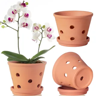 Terrakotta-Orchideentöpfe mit Löchern und Untersetzern, 15,2 cm, 3 Stück, kleine Ton-Orchideen-Übertöpfe zum Umtopfen, Blumentöpfe für Orchideen drinnen und draußen, fördert die Luftzirkulation