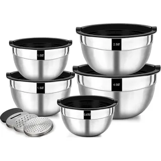 Wildone Salatschüssel 5er Set, Edelstahl Schüssel mit luftdicht Deckel, Größe 4.5l, 2.7l, 1.6l, 1.1l, 0.7l, Rührschüssel Schüsselset für die Küche...