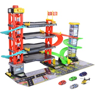 Dickie Toys - 4-stöckiges Parkhaus für Kinder ab 3 Jahre (87x52 cm) mit Zubehör - große Spielzeug-Parkgarage auf 5 Ebenen mit Aufzug, Rennbahn, Spielzeugautos, Hubschrauber, Licht & Sound