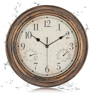 LENAUQ Outdoor Garten Wanduhr, wasserdichte Vintage Wanduhr mit Thermometer und Luftfeuchtigkeit, 12 Zoll Nicht-tickende wetterfeste Hängeuhr für Patio, Pool, Veranda, Garten, Badezimmer, Bronze