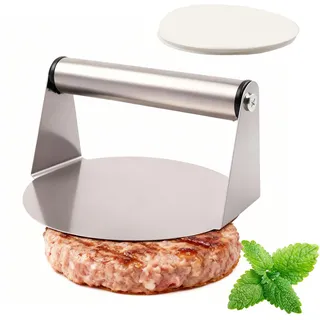 JUNJIEFU Burgerpresse, 10.7cm Round Edelstahl Smash Burger Press, Patty Presse Burger Presse, Professionelles Edelstahl Burgerpresse Grillzubehör für vorgeformte Hamburger-Patties (mit 100 Ölpapier)