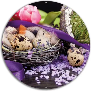 Wallario rundes Outdoor-Poster für Garten oder Balkon, Motiv Ostern - Stillleben II - Bunte Eier, Herzen und Tulpen, 60 cm Durchmesser - Schwarz