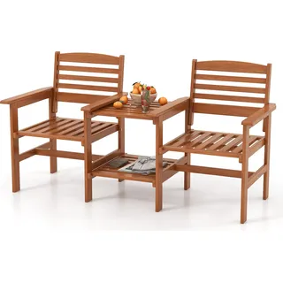 COSTWAY Sitzgarnitur mit Tisch für die Terrasse, 2-Sitzer-Konversationsset aus Holz mit Kaffeetisch & Schirmloch, wetterfestes Gartenmöbelset - Naturbelassen
