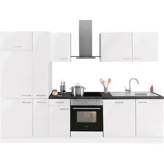 OPTIFIT Küchenzeile "Iver Breite 300 cm" mit Hanseatic E-Geräten, inkl. Kühlschrank, küche: weiß, front: weiß seidenglanz, korpus: weiß, arbeitsplatte: granit schwarz
