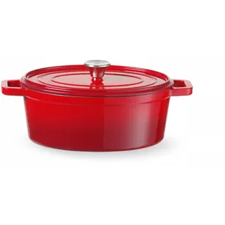 HENDI Gusseisen Topf, Emailliert, mit Deckel, 4,4L, rot | Geeignet für alle Herdarten, Ofenfest, flacher Boden, Schmortopf, Bräter, Dutchen Oven, Bratentopf, 365x220x(H)115mm