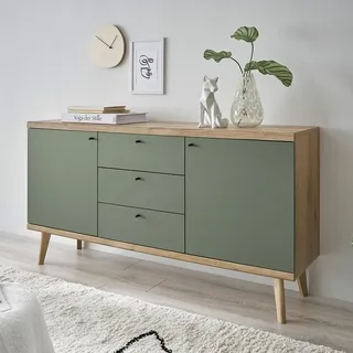 Lomadox Wohnzimmer Sideboard, 160cm in Eiche mit grün AVEZZANO-61 Modern