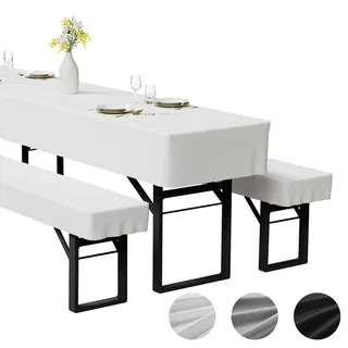 Zdada 3-teilige Bierzeltgarnitur Auflage, Enthält 2 Bierbank Hussen und 1 Biertisch Husse aus Polyestermaterial, Waschbar und Fixierbar Bierzeltgarnitur Hussen, für Bankette im Freien(Weiß, 220x50cm)