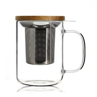 Ogo Living Ogo-Mug Kanne mit Teesieb und Deckel aus Bambus, durchsichtig, 500 ml