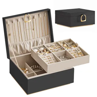 SONGMICS Schmuckkästchen 2 Ebenen, mit Metallgriff, 23,9 x 20 x 11,2 cm | Schmuckkasten, flexibles Schmucktablett, mit Griff, Geschenkidee, Schwarz und Beige, GREETA Kollektion JBC165B01