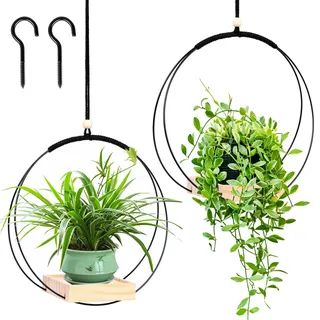 Sumotia 2 hängeblumentopf mit Holzsockel, Metallring und Aufhängeschlaufe, runde hängende Pflanzgefäße für den Innenbereich, Schwarze hängende Pflanzgefäße für Wände und Decken