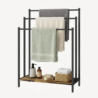 Relaxdays Handtuchständer mit Ablage, HBT 82,5x60x28cm, Industrial, 3 Stangen, Handtuchhalter stehend, Dunkelbraun/schwarz