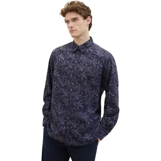 TOM TAILOR Herren Sommer-Hemd mit fixierbaren Ärmeln, 35098 - Navy Tonal Leaf Design, XL