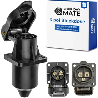 3 polige Steckdose, 1 Stück, 4-Loch Montageplatte, Hartplastik-Gehäuse, 3 pol Steckdose nach DIN 9680 genormt, mit Dichtring, Steckanschluss für 12 V Systeme, 3 pin Socket Landmaschine, Baumaschine