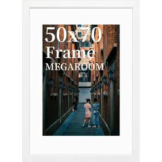 MEGAROOM Bilderrahmen 50x70 cm Weiß – Großer Posterrahmen mit Splitterschutz-Plexiglas – Robuste MDF-Holzmaserung für Wandgalerien & Kunstwerke – Sicherer Halt – 1er Set