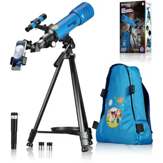 Bresser Junior Kinderteleskop 70/400 Linsenteleskop für Kinder ab 8 Jahren, Astronomie Einsteiger, Teleskop mit Rucksack, Zubehör & Smartphone-Halterung, Nachthimmel Beobachtung blau