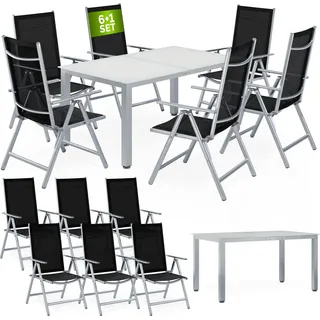 CASARIA® Gartenmöbel Set 6 Stühle mit Tisch 150x90cm Aluminium Sicherheitsglas Wetterfest Klappbar Modern Terrasse Balkon Möbel Sitzgruppe Garnitur Bern - Silber