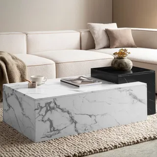 Couchtisch FineBuy Sofatisch Weiß 120 cm Marmor Optik Wohnzimmertisch Groß - Weiß