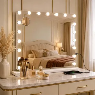 Clevich Schminkspiegel mit Beleuchtung 80x60cm Hollywood Spiegel mit Light | 3 Lichtfarben Dimmbar Touchscreen, USB-Anschluss, 10X Lupe, Tisch / Wand, Spiegel mit Beleuchtung fur Hollywood Vanity Setup