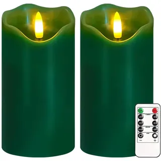 Justup Flammenlose LED-Kerzen, Set von 2 Flackernde LED Kerzen mit Fernbedienung und Timer, Dimmbare Säulen Kerzen Batterie betrieben, Grüne Kerzen für Home Weihnachtsdekoration (Grün)
