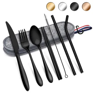 Herogo Reisebesteck Set, 8-Stück Camping Besteck aus Edelstahl, Tragbare Utensilien Set mit Tragetasche, Messer, Gabel, Löffel, Essstäbchen, Strohhalme, Bürste für Outdoor Reise Picknick(Schwarz)