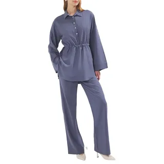 TRENDYOL Navy Blue Linen Blended Mother of Pearl Button Woven Bottom-Top Suit Tctss25Us00028