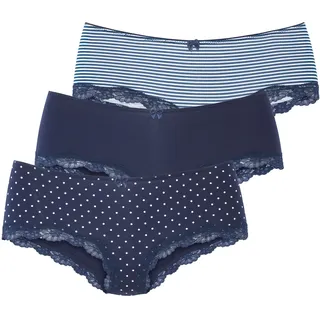 LASCANA Panty 3er-Pack, aus elastischer Baumwolle mit zarter Spitze, marine, gepunktet, gestreift, uni