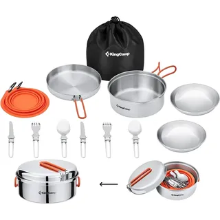 KingCamp Camping Geschirr Set 2-4 Personen, Camping Kochgeschirr aus Edelstahl, Camping Töpfe mit Faltbare Besteck, Ultraleicht Camping Topf Pfanne Set für Campingkocher,(2–3 Personen Set)