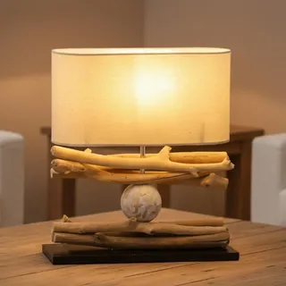 GURU SHOP Tischlampe/Tischleuchte, Handgemachtes Unikat aus Naturmaterial, Treibholz, Baumwolle - Modell Tabora, 42x35x15 cm
