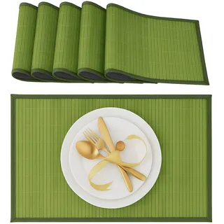 Relaxdays Tischset, 6er Set, Bambus, Stoffrand, rutschhemmend, 45 x 30 cm, Teller, Esstisch, eckiges Platzset, grün
