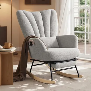 SONGMICS Schaukelstuhl mit ausziehbarer Fußstütze, Schaukelsessel, Holzbeine, Kissen, für Wohnzimmer, Fleece, grau - Grau