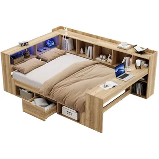 Komhtom Tagesbett 140x200 cm mit Regale&Schubladen in Naturfarbe , Naturfarben , Holz , Holz Optik , 140x200 cm , Babymöbel & Kindermöbel, Kinderzimmer & Jugendzimmer, Kinderbetten, Kinderbetten & Jugendbetten