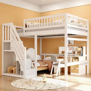 Flieks Etagenbett 140x200cm mit Rausfallschutz, Hochbett mit Treppe mit Kleiderstange und Ablagen, Kinderbett Doppelbett mit Lattenrost, Weiß - Weiß