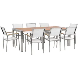 Beliani Gartenmöbel-Set 8-Sitzer Eukalyptusholz Textilbespannung weiß Grosseto - Weiß, Silberfarben , Holz , Gartenmöbel, Gartengarnituren, Gartenmöbel-Sets