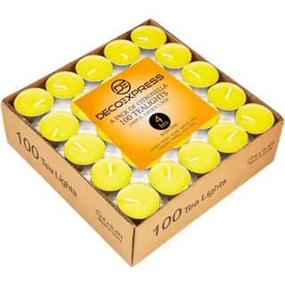 Deco Express Citronella Teelichter, 100er- oder 50er-Pack Duftkerzen Teelichter 4 oder 8 Stunden Brenndauer (Gelb 100/4 Stunden)