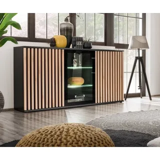 Wohnwand Cameron ZHJ SET mit Lamellen Led Beleuchtung und Push - Click System - Hickory Jackson, Schwarz - ~ 340 cm X 192 cm X 45 cm