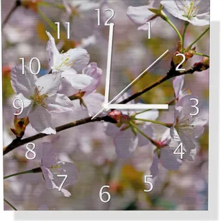 Wallario Design Wanduhr Kirschblüten in zartem Rosa - Frühling im Garten aus Aluverbund, Größe 30 x 30 cm - Gelb
