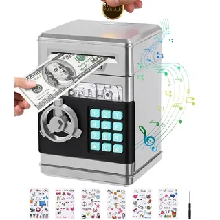 Birshe Elektronische Spardose Kinder Safe, Tresor Digitale ATM Sparschwein Groß mit Niedlichen Aufklebern Weihnachts Geburtstags Geschenke Silbrig
