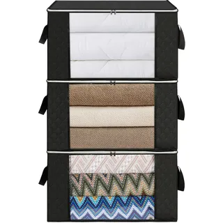 AiQInu Aufbewahrungstasche Groß 90L, 3 Stück Faltbare Kleideraufbewahrung mit Verstärkt Griff, Aufbewahrungstaschen für Bettdecken, Kleidung, Steppdecken, Kissen, 60x44x35CM Schwarz