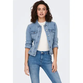 Jeansjacke ONLY "ONLWONDER – Jeansjacke mit Teilungsnähten und Stretch", Damen, Gr. XS, blau (light blau denim), Denim/Jeans;Web;Twill, Obermaterial: 79% Baumwolle, 20% Polyester, 1% Elasthan, unifarben, figurumspielend taillenbedeckt, 1-Knopf-Manschette, Jacken Jeansjacke, sehr figurbetont, casual, Denim, Baumwollmischung, Brusttaschen