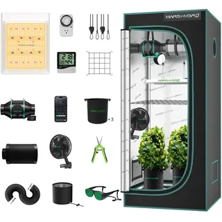 Mars Hydro Growzelt Komplettset,TS600 Vollspektrum Grow Lampe,60X60X140cm 1680D Hoch Reflektierend Mylar Grow Box Komplettset,mit 4" 205 CFM Ruhiges und Effizientes Belüftungssatz,10-Gang-Lüfter