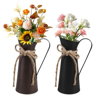 Vintage Deko Metall Blumenvase Set: PRITOK 2 Stück Vasen Deko, Blumeneimer Tischdeko, Verzinkte Milchkanne im Retro-Stil, dekorative Vase, dekorative Vase im Landhausstil für Büro, Zuhause, Garten