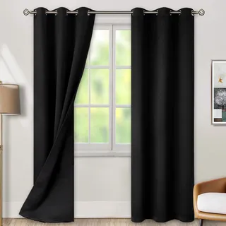 BGment Wärmeisolierte 100% Verdunkelungsvorhänge für Schlafzimmer, mit schwarzem Futter, doppellagig, verdunkelnd, geräuschreduzierend, Ösenvorhang, 96,5 x 213,3 cm, Schwarz, 2 Paneele