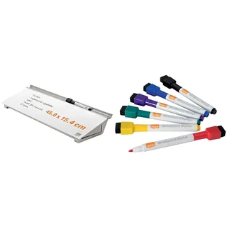 Nobo Set Glas-Whiteboard Desktop-Memoboard + 6er-Pack Mini-Marker, Trocken Abwischbare Glas-Oberfläche, Tragbar, Rahmenlos, 458 x 154 mm, Mit Aufbewahrungsschublade, Brilliant Weiß, 1905174 + 1903792