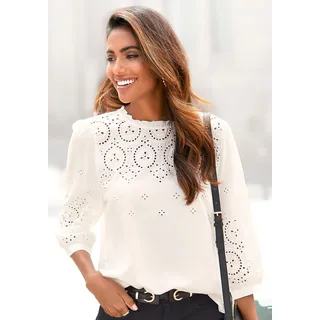 LASCANA Schlupfbluse "mit Lochstickerei und dezenten Rüschen" 3/4-ärmelige Damenbluse, verspielte Rüschenbluse, Blusenshirt, creme